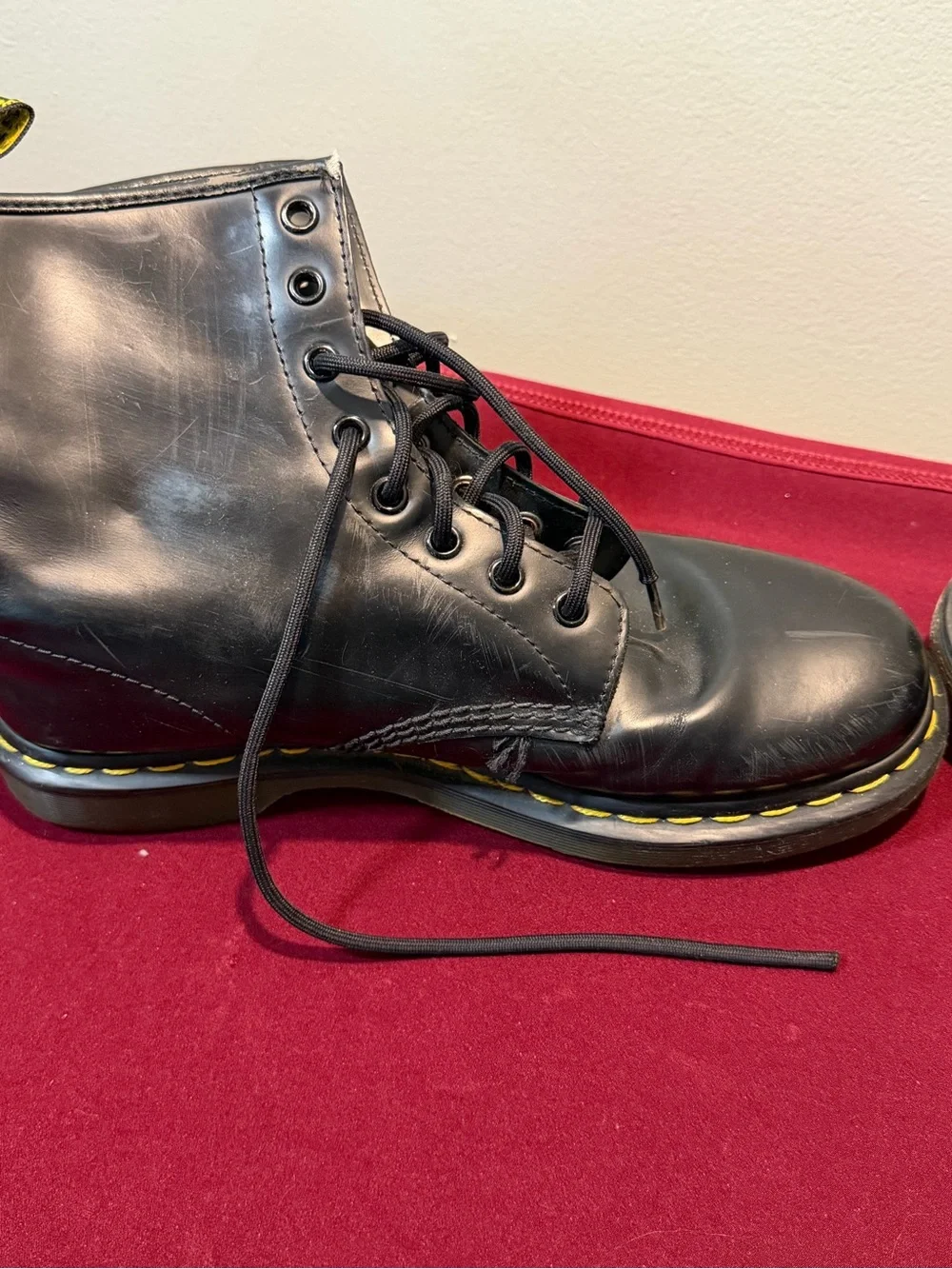 Dr. Martens Black Leather Lace-Up Boots with Yellow Stitching us 9